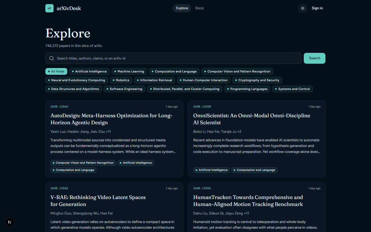 Explore page with a search bar, category pills, and a grid of recent arXiv papers.
