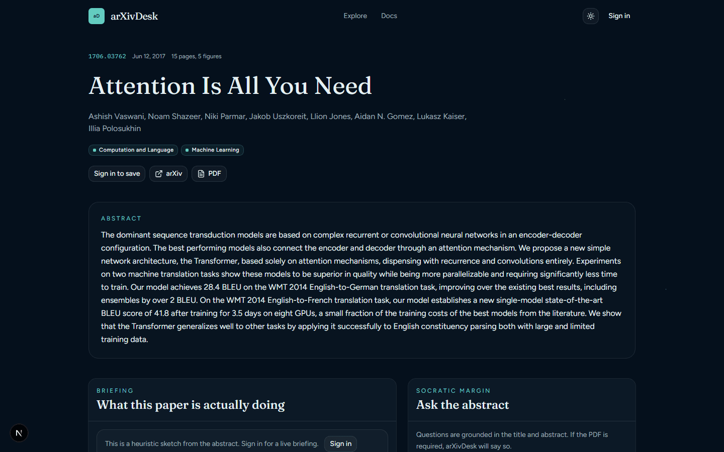 Paper page for Attention Is All You Need, showing abstract, briefing panel, and ask-the-abstract chat.